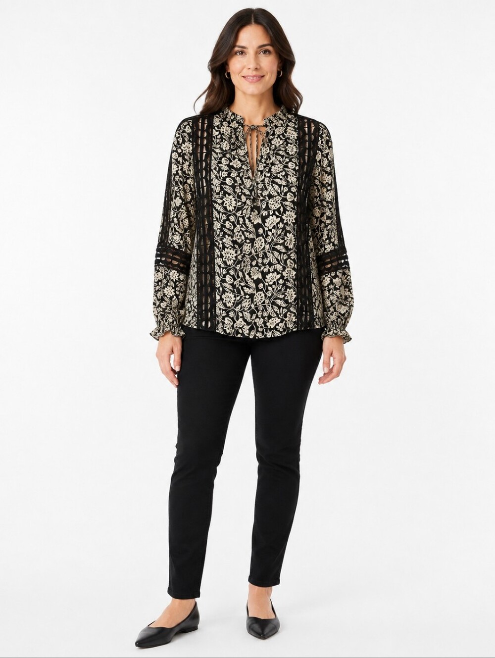 Reiss Florence Blouse Size 6 Black Cream Floral Crochet Trim Boho Long Sleeve